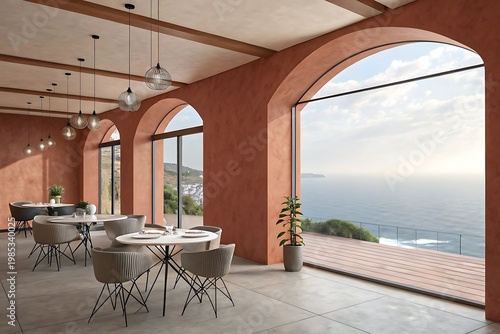 Arched Window Restaurant Overlooking Ocean with Modern Furniture and Warm Tones interior