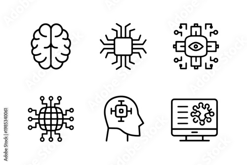 Set of 6 icons illustrating artificial intelligence and advanced technology concepts with machine learning outline art technology computer innovation intelligence processing software