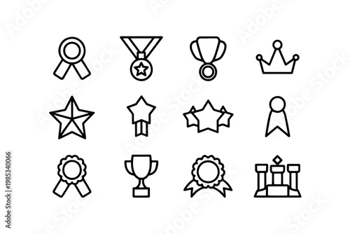 Set of 12 outline icons for awards success achievements with flat design first place winner circle champion recognition collection illustration minimalist business excellence