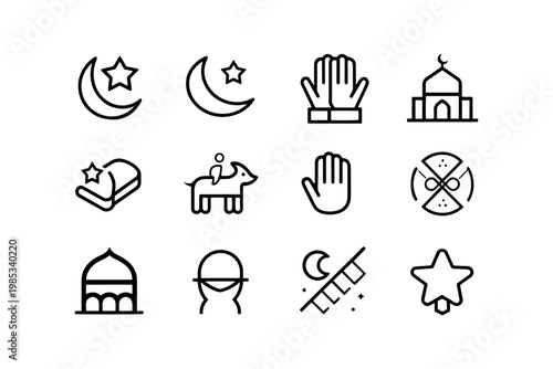 Islamic icons: moon star praying hands mosque holy book sheep horse rider with middle east culture icon religious religion building tradition celebration architecture scripture