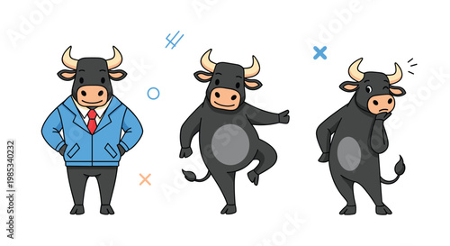 Three cute cartoon bull characters in different poses including one in a jacket and two showing various fun expressions.