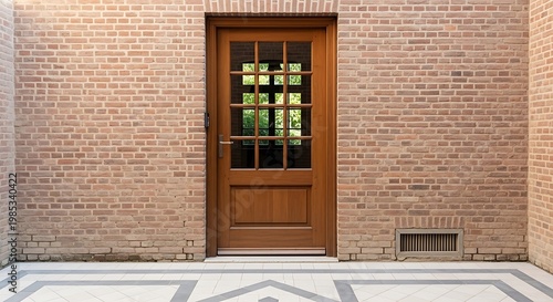 Brown wooden door with grid window on brick wall and tiled floor brown door architecture