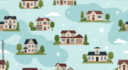 Seamless pattern showing several types of suburban houses and homes with trees and clouds on a light blue winter background.