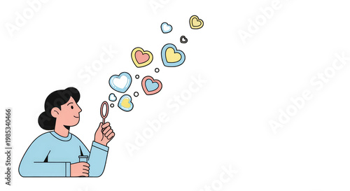 Woman blowing heart-shaped bubbles, illustration, joy, childhood, playful, simple design