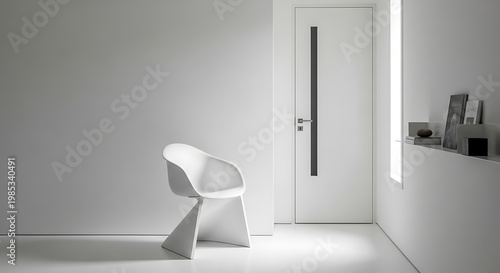 Modern white chair in minimalist room with door and shelf modern chair interior home decor