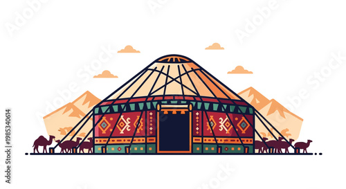 Traditional Yurt Tent with Camels and Mountains, Nomadic Lifestyle Illustration
