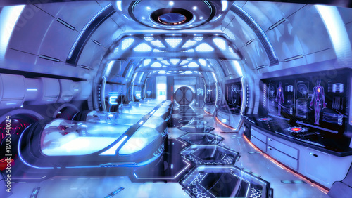 Bild auf Leinwand Futuristic medical pod room interior, clean white and blue healthcare facility,
