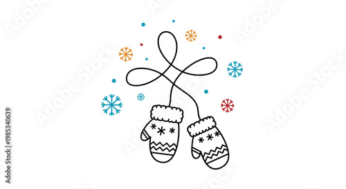 Pair of cozy winter mittens with a snowflake and geometric pattern surrounded by colorful falling snowflakes.