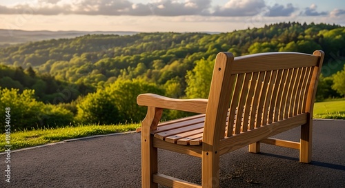 A wooden bench on a paved path overlooking a green forest landscape outdoor