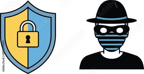 Cybersecurity concept: Shield with lock vs masked thief icon