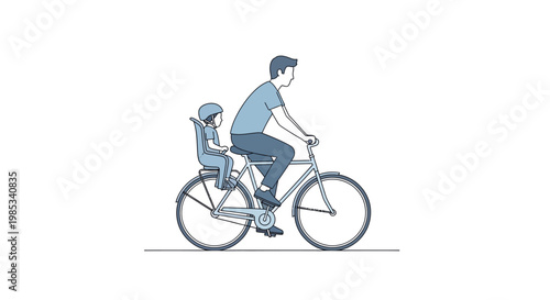 Man rides bicycle with young child secured in a rear seat enjoying outdoor activity and family bonding during daylight hours with clear blue sky overhead and father providing transportation for