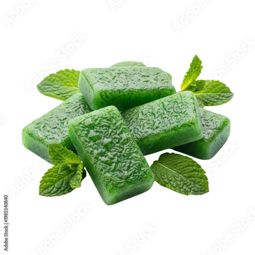 Green mint candies with fresh mint leaves