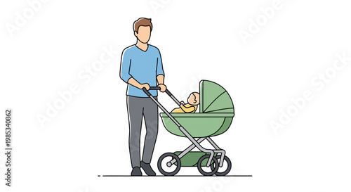 A father lovingly pushes his infant child in a secure carriage outdoors enjoying a pleasant walk on a sunny day representing family bonding and parental care