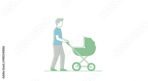 Father pushing a baby carriage outdoors representing family care and parenthood with a child sleeping in a stroller enjoying a walk in the park representing a happy family life developing as a