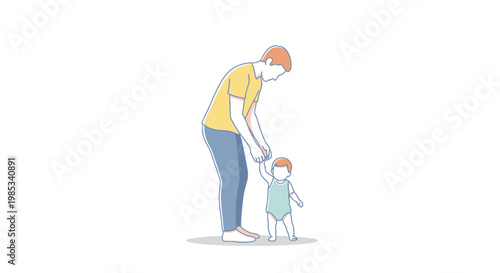 Parental guidance as a small child takes tentative first steps learning to walk with support from a loving adult family member demonstrating care and nurturing in a developmental stage of