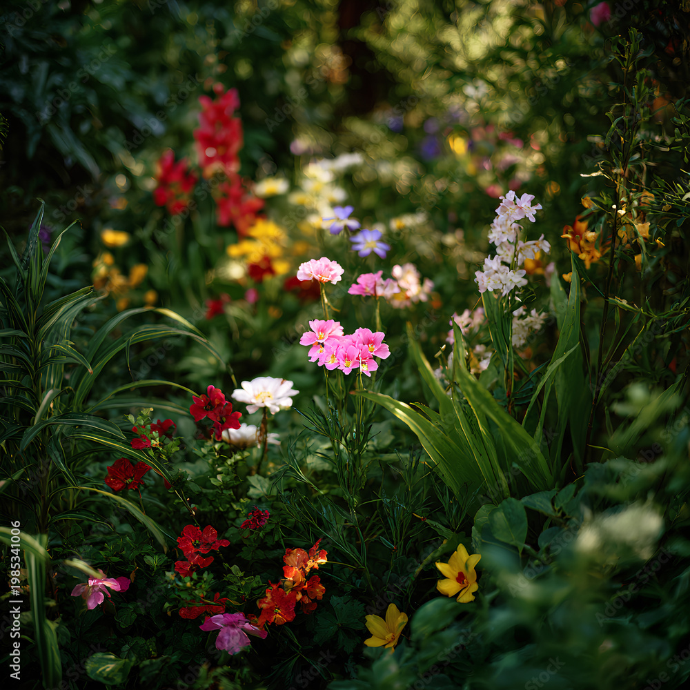 Fototapeta premium Blooming garden with mixed flowers and lush greenery in soft natural light showcasing seasonal nature theme and peaceful floral landscape