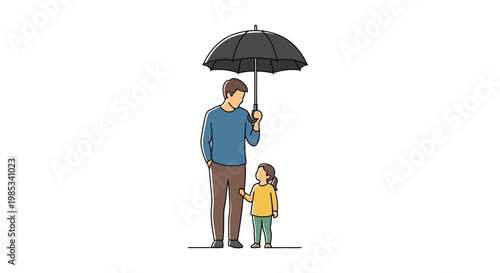 A caring father figures protective stance shelters his young daughter beneath a large umbrella demonstrating guidance safety and cherished bonding moments providing security and warmth on a day