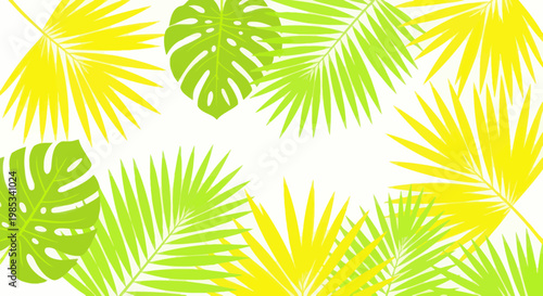 Vibrant Tropical Leaves Pattern, Palm and Monstera, Yellow and Green