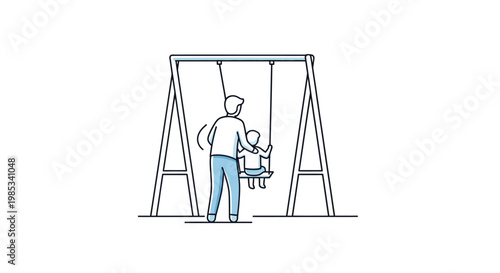 A caring adult gently pushes a happy child on a suspended seat in a playground structure highlighting family bonding and joyful outdoor recreation activities promoting childhood development