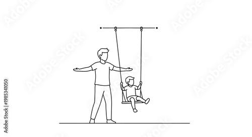 Father pushing child on a swing set enjoying outdoor leisure time and family bonding creating joyful childhood memories while playing in a park with a simple outline drawing style conveying a
