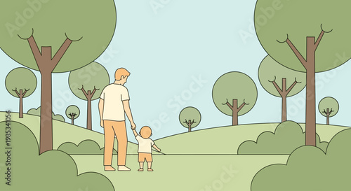 A father and his young child hold hands while walking together through a serene park landscape enjoying a peaceful outdoor stroll amongst lush green trees and rolling hills under a pale blue