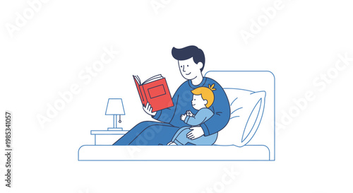 A caring father reads a storybook to his young child while sitting together in bed creating a peaceful bedtime routine and fostering a loving family bond during quiet moments before sleep