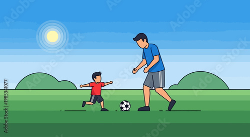A father and son enjoy a playful afternoon playing soccer together on a grassy field under a clear blue sky with a bright sun setting a cheerful scene