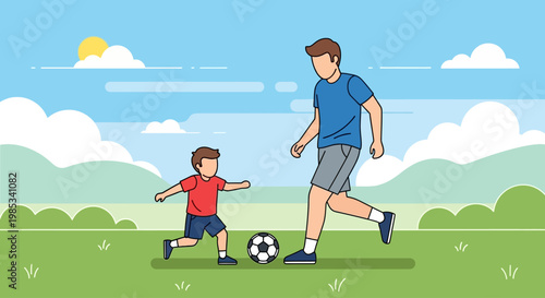 Father and son enjoying a playful soccer game together outdoors on a sunny day in a green park with rolling hills and fluffy clouds creating a pleasant recreational scene for family bonding and