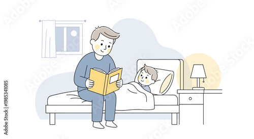 Gentle father sits beside his son in bed sharing a heartwarming story from a book as the moon shines outside the window creating a peaceful bedtime routine filled with love and imagination