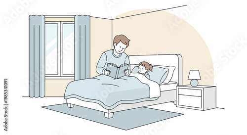 Loving father enjoys reading bedtime story to his sleepy child tucked in cozy bed with night lamp on bedside table calm atmosphere inside bedroom with window and curtains creating peaceful