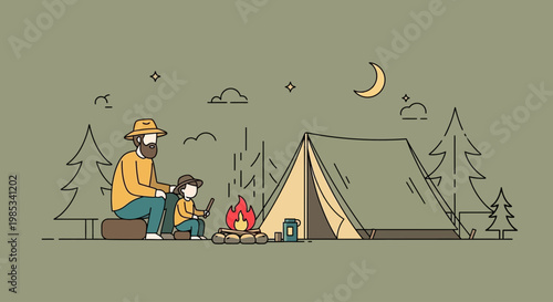 A father and child enjoy a serene camping adventure together by a crackling campfire under a crescent moon with a cozy tent nestled among pine trees creating cherished memories outdoors during