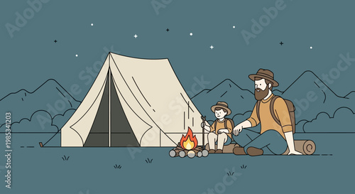 A father and child enjoy a warm campfire under a starry night sky next to a large tent in a serene outdoor wilderness setting celebrating family bonding and adventure during a memorable camping