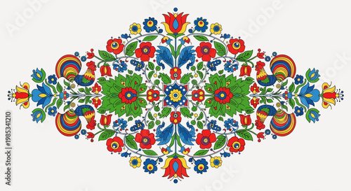 Vibrant Folk Art Floral Design with Roosters - Ukrainian Petrykivka Painting Style