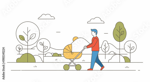 A man strolls through a park pushing a pram carrying a child depicting a day out with family enjoying the fresh air and greenery alongside trees and clouds in a stylized linear artwork perfect