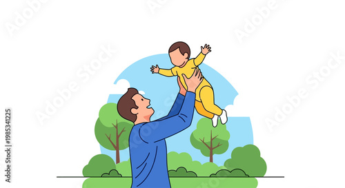 Joyful father tossing his happy baby boy playfully in the air outdoors while enjoying a sunny day in the park with lush green trees and foliage creating a cheerful family bonding scene