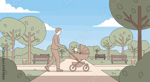 A father strolls through a sunlit park pushing a baby carriage while enjoying a leisurely afternoon outdoors surrounded by lush green trees and pathways for a serene family outing