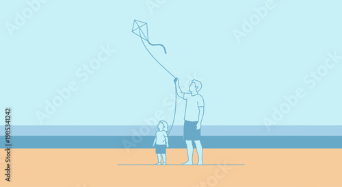 Father teaching daughter to fly kite on sandy beach with calm ocean and clear sky in the distance conveying family bonding and outdoor leisure activities during sunny daytime on vacation