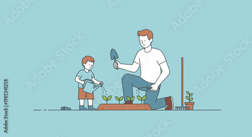 A father and son bond over nurturing young plants in a garden bed teaching valuable life lessons about growth and nature s bounty while enjoying outdoor family activities together fostering