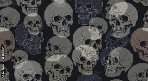 Seamless pattern of realistic human skulls in various shades of gray and brown over a dark black background for spooky gothic design.