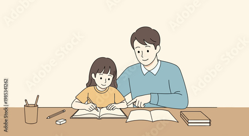 Father helps his daughter with her schoolwork at a desk demonstrating focus and learning together during a quiet moment of educational guidance and family bonding at home illustrating dedication