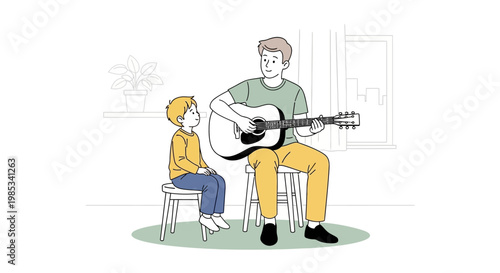 A caring father teaches his young son how to play the acoustic guitar indoors fostering a love for music and creating a cherished family bonding experience through shared melodic activities