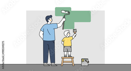 Father and young son collaborate on a home improvement project painting a wall with a roller and brush creating a shared activity and strengthening their bond through domestic renovation and