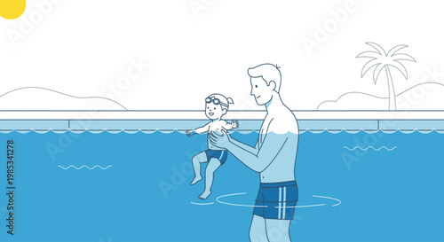 Father teaches infant swimming lessons in clear water enjoying sunny outdoor leisure activity together at poolside with palm tree and horizon line visible creating peaceful family recreation