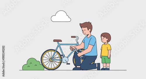 Father and son working together on a bicycle outdoors with a fluffy cloud above showcasing a heartwarming scene of shared activity and learning about mechanics in a healthy lifestyle setting