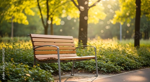 Park bench surrounded by greenery and trees outdoor sunlight
