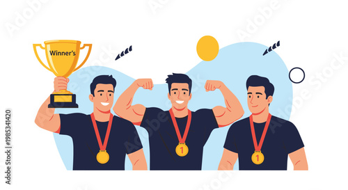 Group of three athletic men celebrating their victory with golden medals and a large winners trophy on an abstract blue and white background.