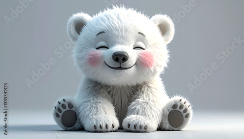 Adorable fluffy baby polar bear cub sitting and smiling with closed eyes