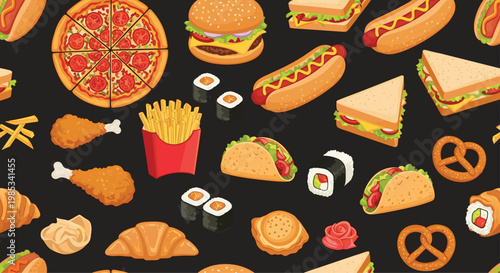 Seamless pattern of delicious fast food items including pizza burgers hot dogs tacos and sushi icons over a dark black background.