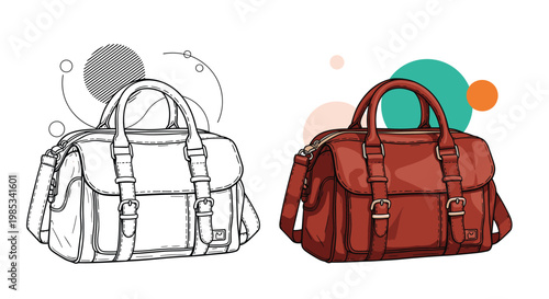 Classic leather handbag shown in both a detailed black and white line art version and a fully colored brown version with stylish straps.