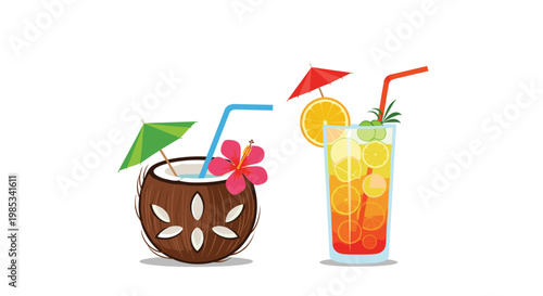 Tropical drink illustration featuring a fresh coconut cocktail with a hibiscus flower and a tall glass of iced fruit juice with straws.